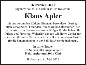 Traueranzeige von Klaus Apler  von Magdeburger Volksstimme