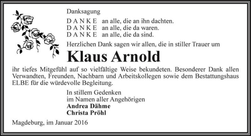  Traueranzeige für Klaus Arnold  vom 30.01.2016 aus Magdeburger Volksstimme