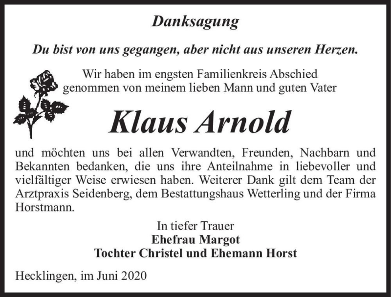  Traueranzeige für Klaus Arnold  vom 04.07.2020 aus Magdeburger Volksstimme