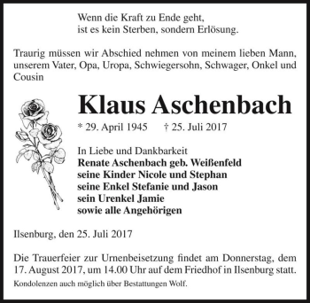 Traueranzeige von Klaus Aschenbach  von Magdeburger Volksstimme