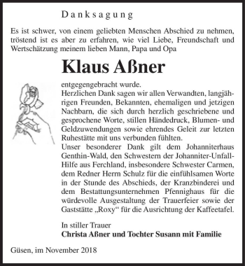 Traueranzeige von Klaus Aßner  von Magdeburger Volksstimme