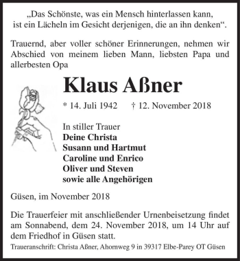 Traueranzeige von Klaus Aßner  von Magdeburger Volksstimme