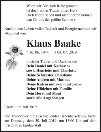 Traueranzeige von Klaus Baake  von Magdeburger Volksstimme