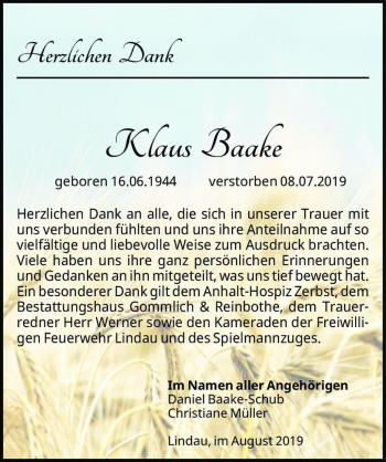 Traueranzeige von Klaus Baake  von Magdeburger Volksstimme