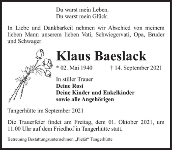 Traueranzeige von Klaus Baeslack  von Magdeburger Volksstimme