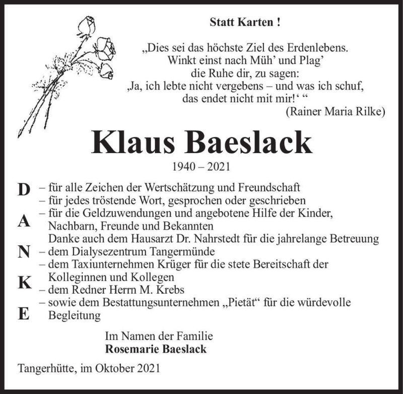  Traueranzeige für Klaus Baeslack  vom 07.10.2021 aus Magdeburger Volksstimme