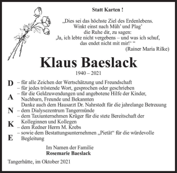 Traueranzeige von Klaus Baeslack  von Magdeburger Volksstimme