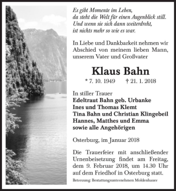 Traueranzeige von Klaus Bahn  von Magdeburger Volksstimme