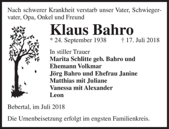 Traueranzeige von Klaus Bahro  von Magdeburger Volksstimme