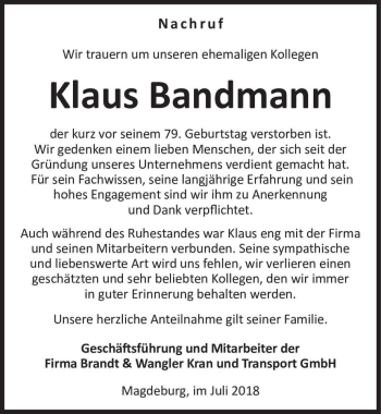 Traueranzeige von Klaus Bandmann  von Magdeburger Volksstimme