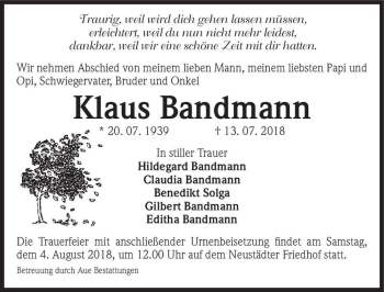 Traueranzeige von Klaus Bandmann  von Magdeburger Volksstimme