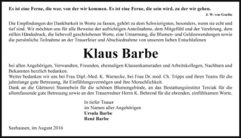 Traueranzeige von Klaus Barbe  von Magdeburger Volksstimme