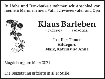 Traueranzeige von Klaus Barleben  von Magdeburger Volksstimme