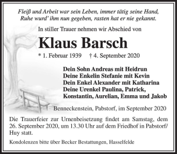 Traueranzeige von Klaus Barsch  von Magdeburger Volksstimme