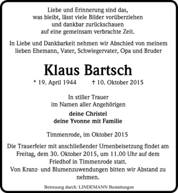 Traueranzeige von Klaus Bartsch  von Magdeburger Volksstimme