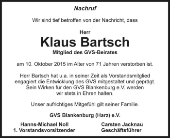 Traueranzeige von Klaus Bartsch  von Magdeburger Volksstimme