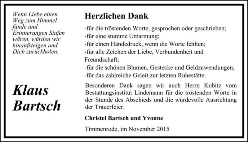  Traueranzeige für Klaus Bartsch  vom 07.11.2015 aus Magdeburger Volksstimme