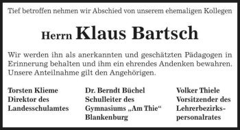 Traueranzeige von Klaus Bartsch  von Magdeburger Volksstimme
