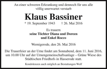 Traueranzeige von Klaus Bassiner  von Magdeburger Volksstimme