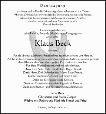 Traueranzeige von Klaus Beck  von Magdeburger Volksstimme