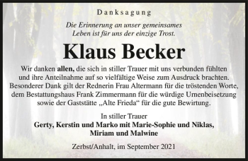 Traueranzeige von Klaus Becker  von Magdeburger Volksstimme