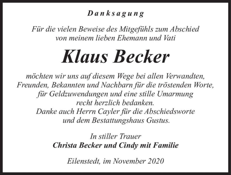  Traueranzeige für Klaus Becker  vom 28.11.2020 aus Magdeburger Volksstimme