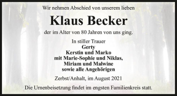 Traueranzeige von Klaus Becker  von Magdeburger Volksstimme