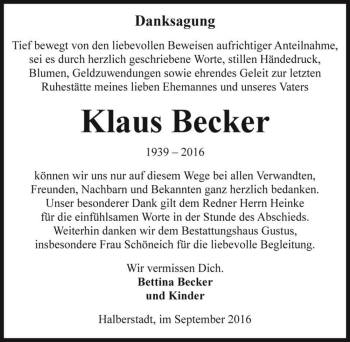 Traueranzeige von Klaus Becker  von Magdeburger Volksstimme