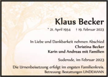 Traueranzeige von Klaus Becker  von Magdeburger Volksstimme