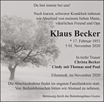Traueranzeige von Klaus Becker  von Magdeburger Volksstimme
