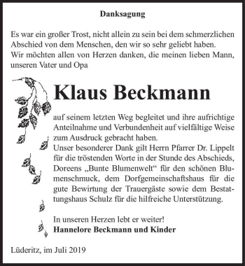 Traueranzeige von Klaus Beckmann  von Magdeburger Volksstimme