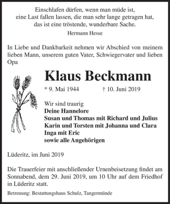 Traueranzeige von Klaus Beckmann  von Magdeburger Volksstimme