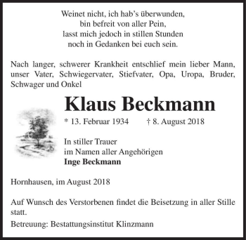 Traueranzeige von Klaus Beckmann  von Magdeburger Volksstimme