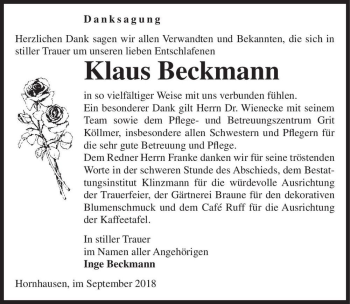 Traueranzeige von Klaus Beckmann  von Magdeburger Volksstimme