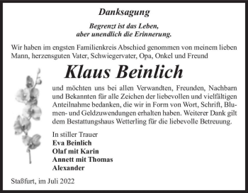 Traueranzeige von Klaus Beinlich  von Magdeburger Volksstimme