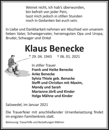 Traueranzeige von Klaus Benecke  von Magdeburger Volksstimme