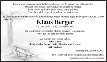 Traueranzeige von Klaus Berger  von Magdeburger Volksstimme