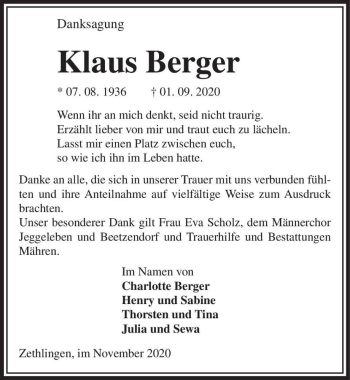Traueranzeige von Klaus Berger  von Magdeburger Volksstimme