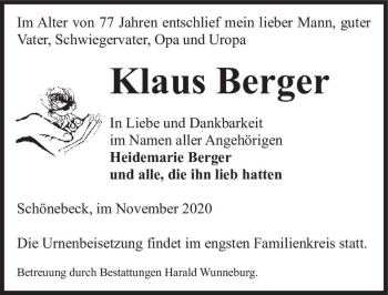 Traueranzeige von Klaus Berger  von Magdeburger Volksstimme