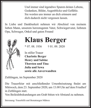 Traueranzeige von Klaus Berger  von Magdeburger Volksstimme