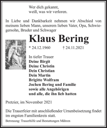 Traueranzeige von Klaus Bering  von Magdeburger Volksstimme