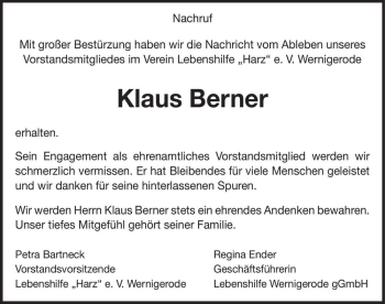 Traueranzeige von Klaus Berner  von Magdeburger Volksstimme