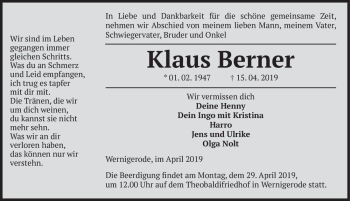 Traueranzeige von Klaus Berner  von Magdeburger Volksstimme