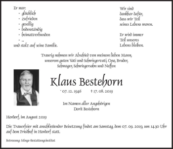 Traueranzeige von Klaus Bestehorn  von Magdeburger Volksstimme