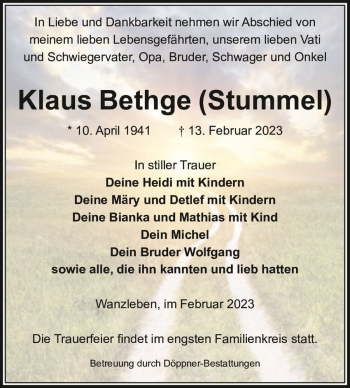 Traueranzeige von Klaus Bethge (Stummel)  von Magdeburger Volksstimme