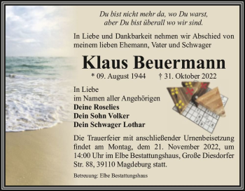 Traueranzeige von Klaus Beuermann  von Magdeburger Volksstimme