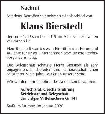 Traueranzeige von Klaus Bierstedt  von Magdeburger Volksstimme