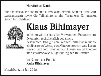 Traueranzeige von Klaus Bihlmayer  von Magdeburger Volksstimme
