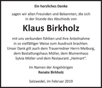 Traueranzeige von Klaus Birkholz  von Magdeburger Volksstimme