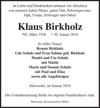 Traueranzeige von Klaus Birkholz  von Magdeburger Volksstimme
